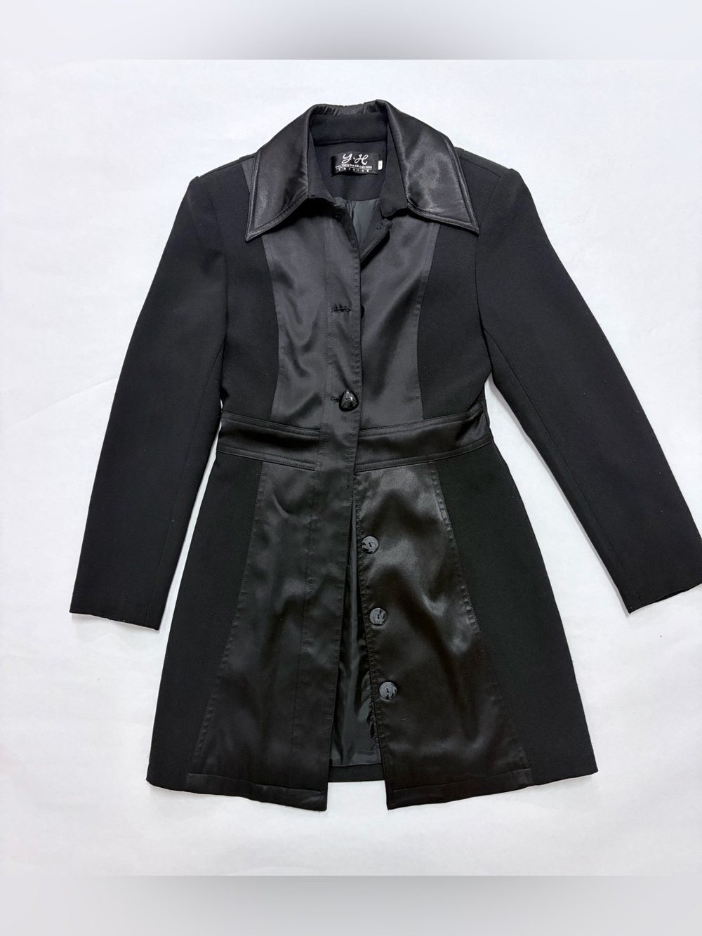 The YHCollection Black Mixed Media Satin Panel Trench Coat